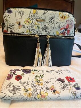 Floral Accent Black Crossbody Bag with Tassel Zipper with Matching Wallet